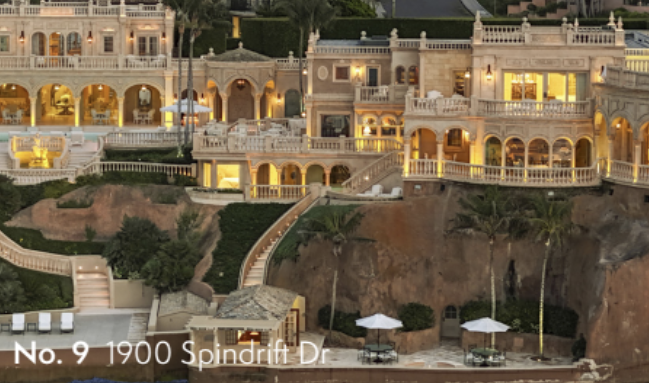 Cliffside Mediterranean-style mansion at 1900 Spindrift Drive featuring multiple balconies, arches, and terraces with ocean views.